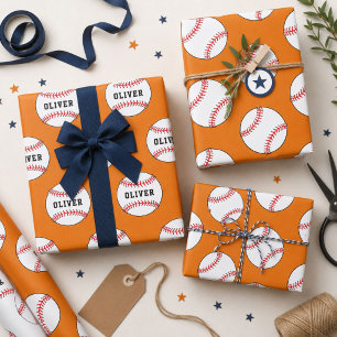 Baseball Ball Orange Muster Kids Name Birthday Geschenkpapier Set