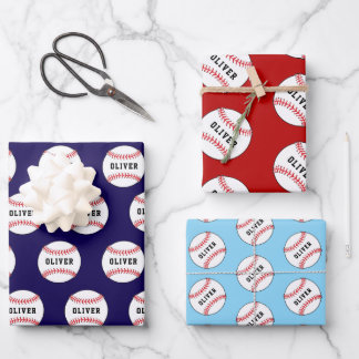Baseball Ball Pattern Kids Name Birthday Wrapping  Geschenkpapier Set
