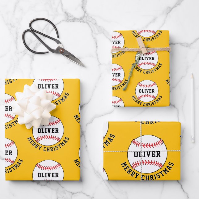 Baseball Ball Pattern Kinder Name Frohe Weihnachte Geschenkpapier Set (Vorderseite)