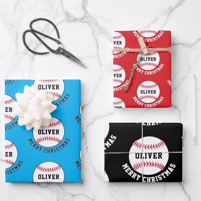 Baseball Ball Pattern Kinder Name Frohe Weihnachte Geschenkpapier Set (Vorderseite)