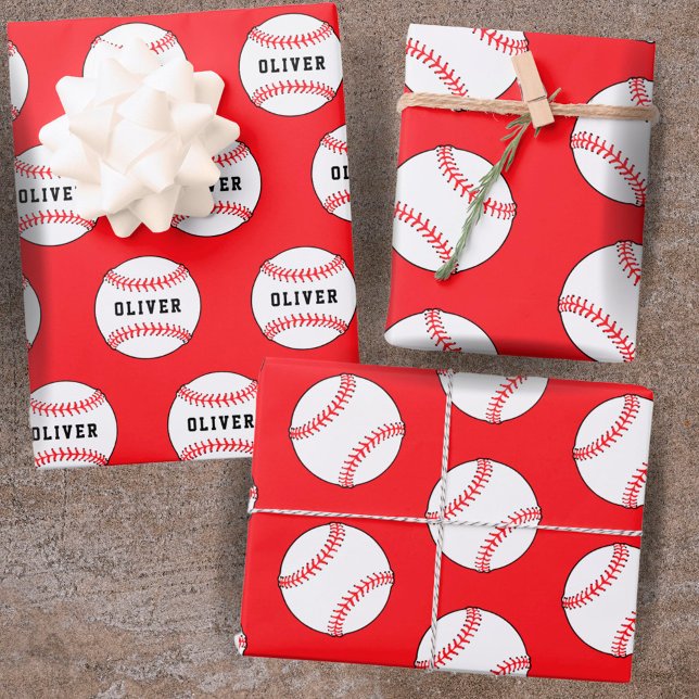 Baseball Ball Red Pattern Kinder Name Geburtstag Geschenkpapier Set (Von Creator hochgeladen)