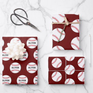 Baseball Ball Red Pattern Kinder Name Geburtstag Geschenkpapier Set