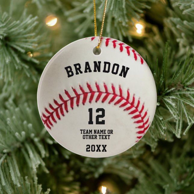 Baseball Ball Red Stitching Photo Personalized Keramik Ornament (Baum)
