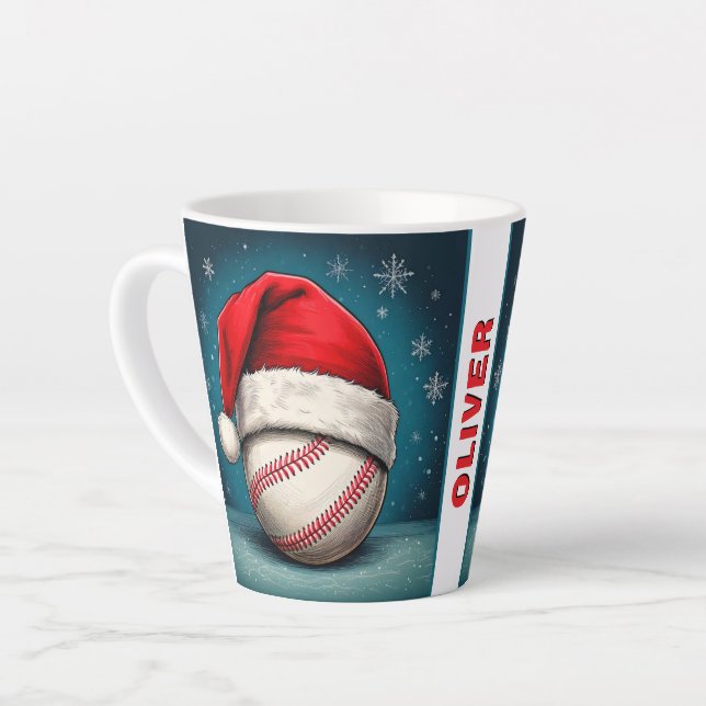 Baseball Ball Rote Weihnachtsmannmütze Name Weihna Milchtasse (Linke Ecke)