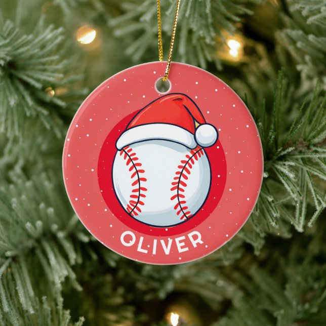 Baseball Ball Rote Weihnachtsmannmütze Weihnachtsn Keramik Ornament (Baum)