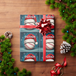 Baseball Ball Roter Santa Hut Name Weihnachten  Geschenkpapier
