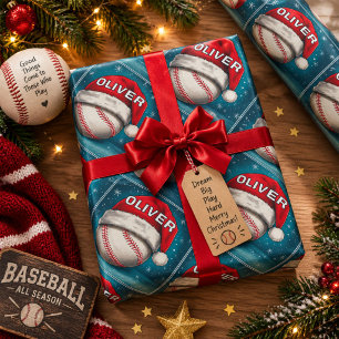 Baseball Ball Roter Santa Hut Name Weihnachten  Geschenkpapier