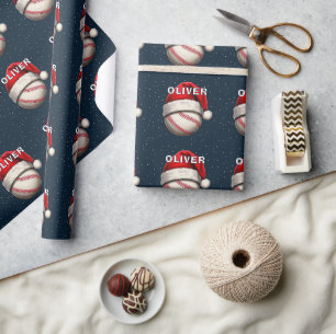 Baseball Ball Roter Santa Hut Name Weihnachten  Geschenkpapier