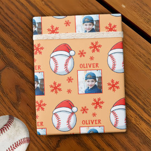 Baseball Ball Santa Hut Schneeblatt Name Foto Geschenkpapier