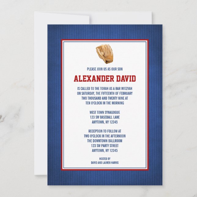 Baseball Bar Mitzvah Red Blue Invitations (Devant)