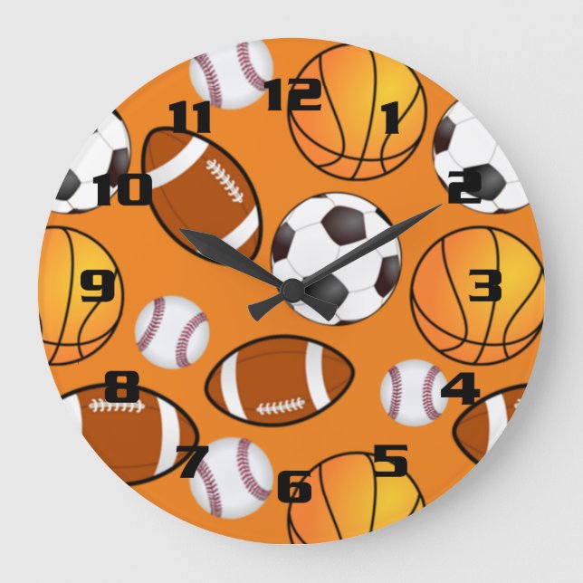 Baseball-Basketball-Muster für Sportfußball Große Wanduhr (Vorderseite)