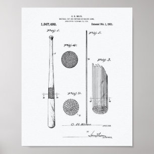Baseball Bat 1921 Patentart - Weißbuch Poster