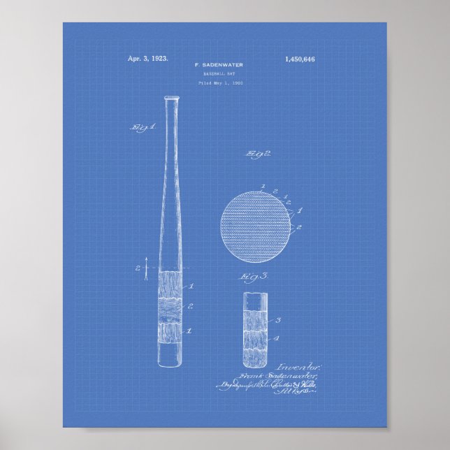 Baseball Bat 1923 Patentart - Blueprint Poster (Vorne)