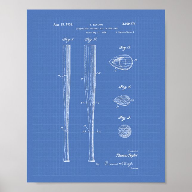 Baseball Bat 1939 Patentart - Blueprint Poster (Vorne)