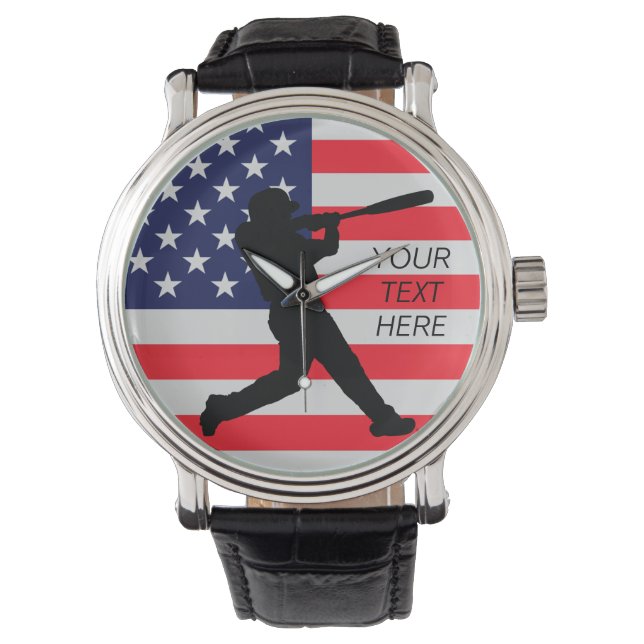 Baseball Batter und die amerikanische Flagge Armbanduhr (Vorderseite)