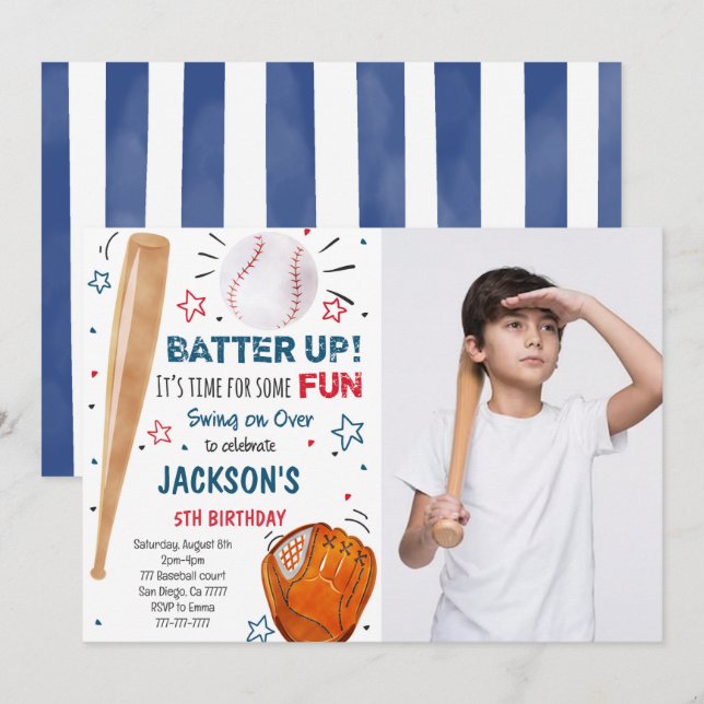 Baseball Birthday Foto Einladung (Vorne/Hinten)