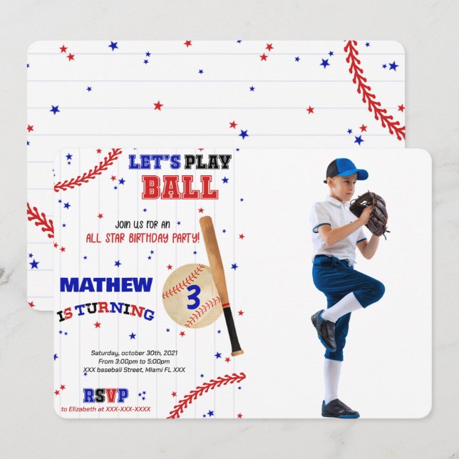 Baseball Birthday Foto Einladung (Vorne/Hinten)