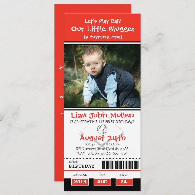 Baseball Birthday Ticket Einladung (Vorne/Hinten)