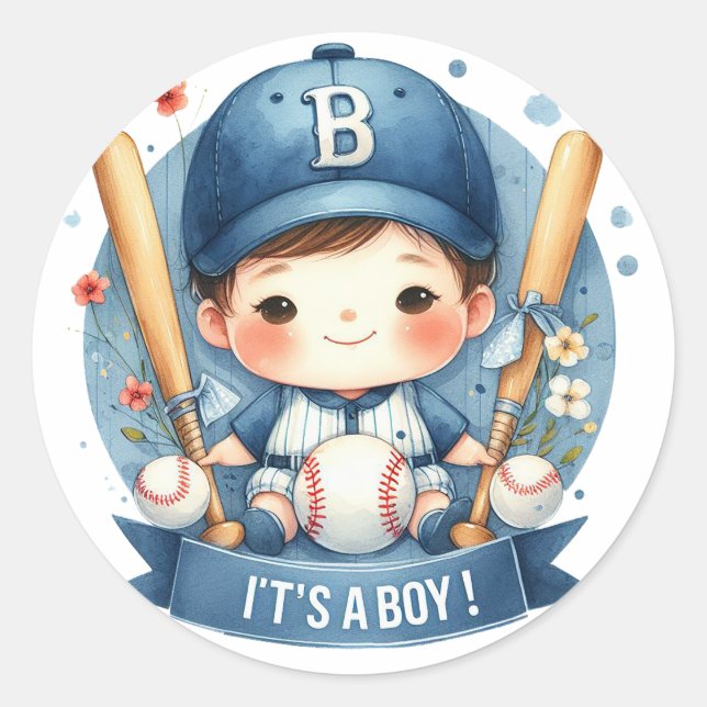 Baseball Bliss Baby Boy Ankündigung Kinderdusche Runder Aufkleber (Vorderseite)