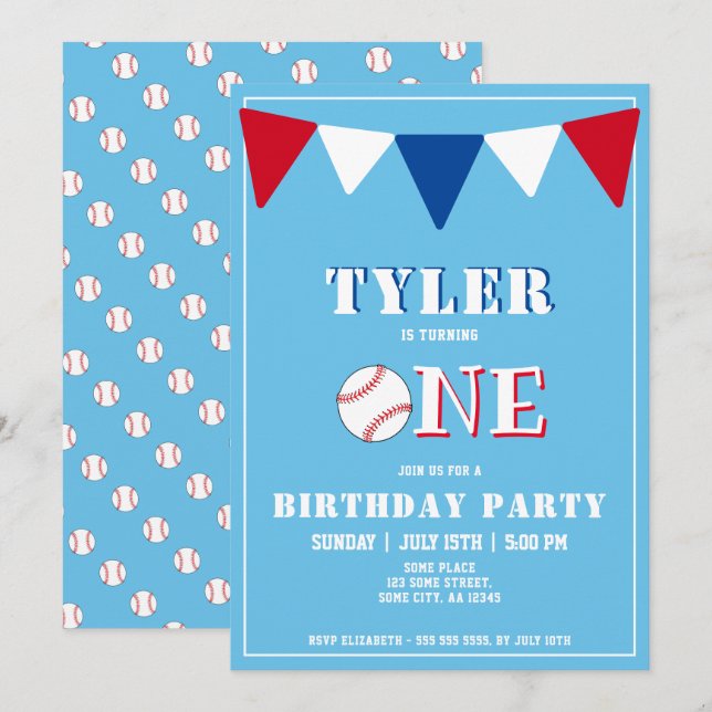 Baseball Blue Birthday Invitation Garçon 1er anniv (Devant / Derrière)