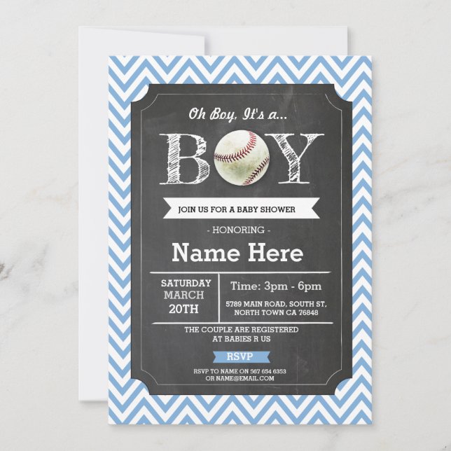 Baseball Blue Boy Baby Dusche Zickzack einladen Einladung (Vorderseite)