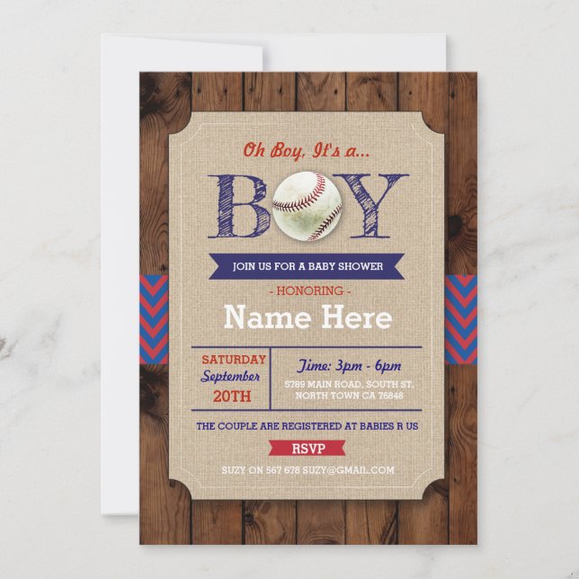 Baseball Blue Wood Boy Baby Showsport Einladung (Vorderseite)