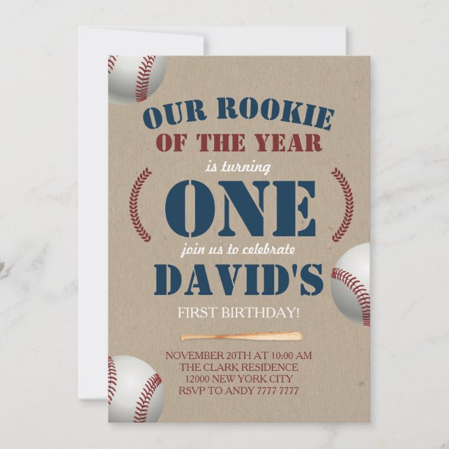 Baseball Boy First Birthday Rookie des Jahres Einladung (Vorderseite)