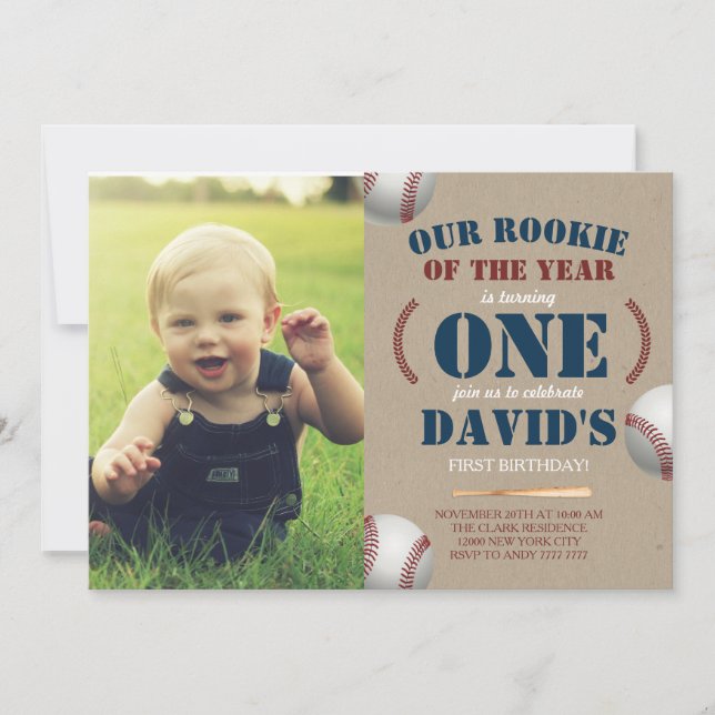 Baseball Boy First Birthday Rookie Foto Einladung (Vorderseite)