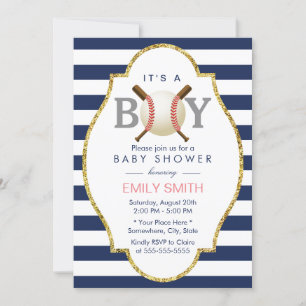 Baseball Boy Modern Navy Blue Stripes Baby Dusche Einladung