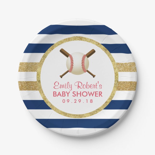 Baseball Boy Navy Blue & Gold Stripes Baby Dusche Pappteller (Vorderseite)