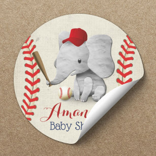 Baseball Boy Niedlich Elephant Baby Dusche Runder Aufkleber