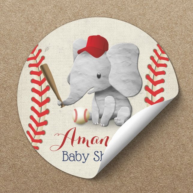 Baseball Boy Niedlich Elephant Baby Dusche Runder Aufkleber (Von Creator hochgeladen)