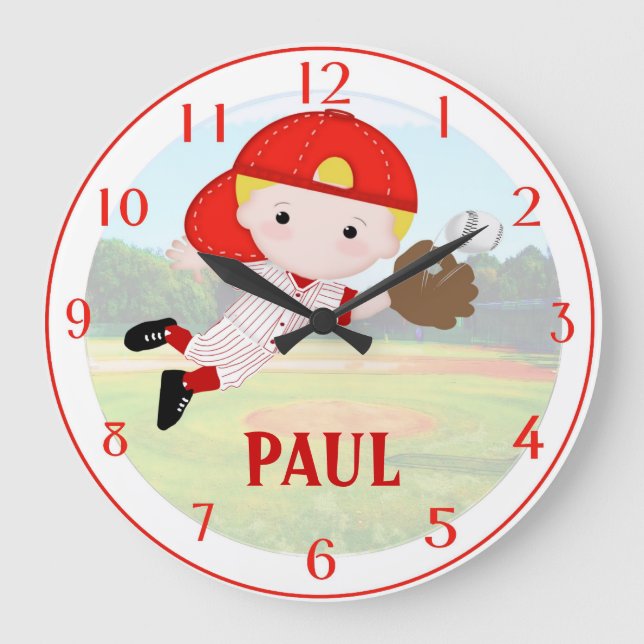 Baseball Boy Wall Clock Große Wanduhr (Vorderseite)