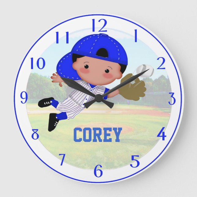 Baseball Boy Wall Clock Große Wanduhr (Vorderseite)