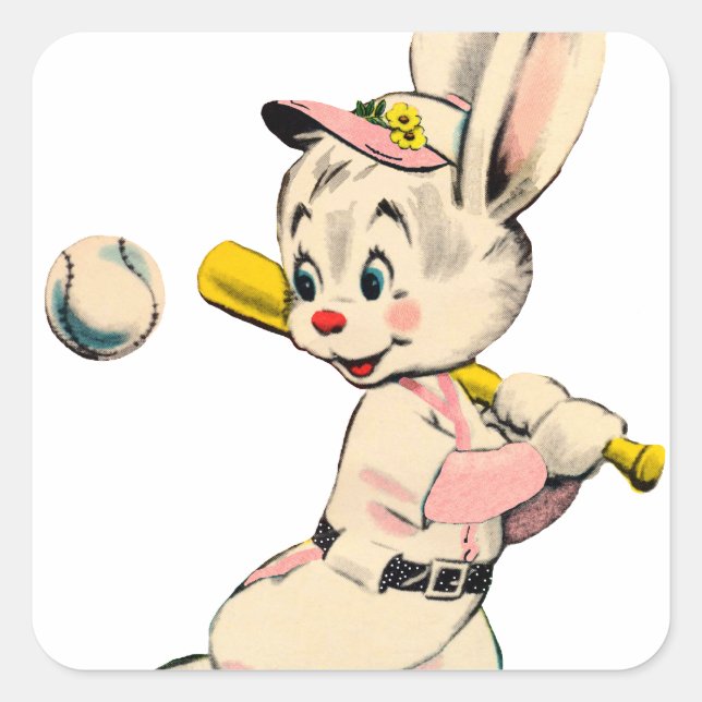 Baseball-Bunny in Rosa Quadratischer Aufkleber (Vorderseite)