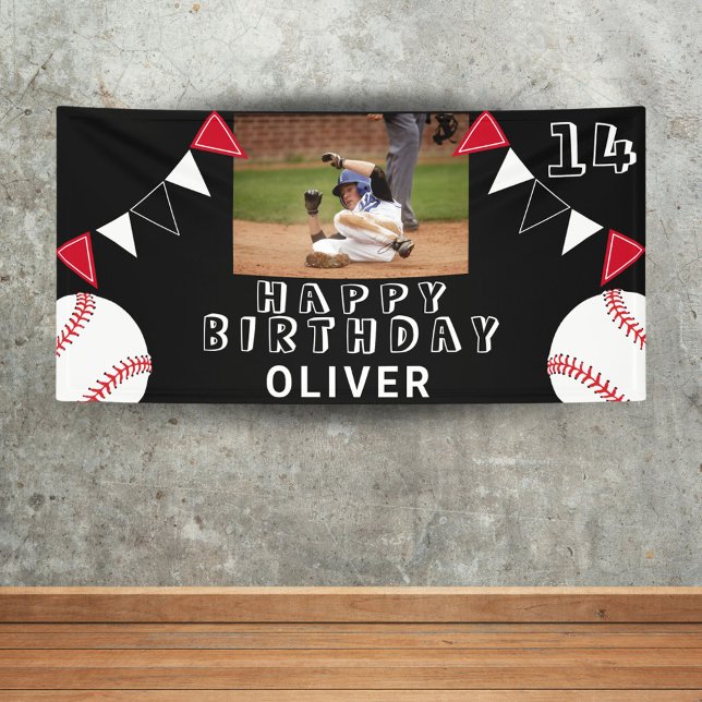 Baseball Bunting Flags Black Foto Birthday Banner (Von Creator hochgeladen)