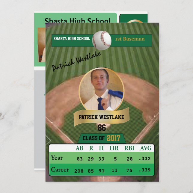 Baseball Card W/ Stats Grad Einladung - grün (Vorne/Hinten)