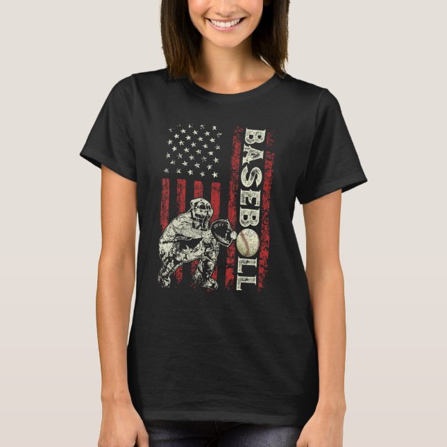 Baseball Catcher US Flag  Dad Men Patriotic 4th Of T-Shirt (Vorderseite)
