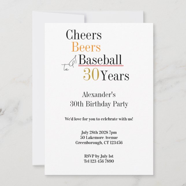 Baseball Cheers and Beers 30. Geburtstag Party Einladung (Vorderseite)