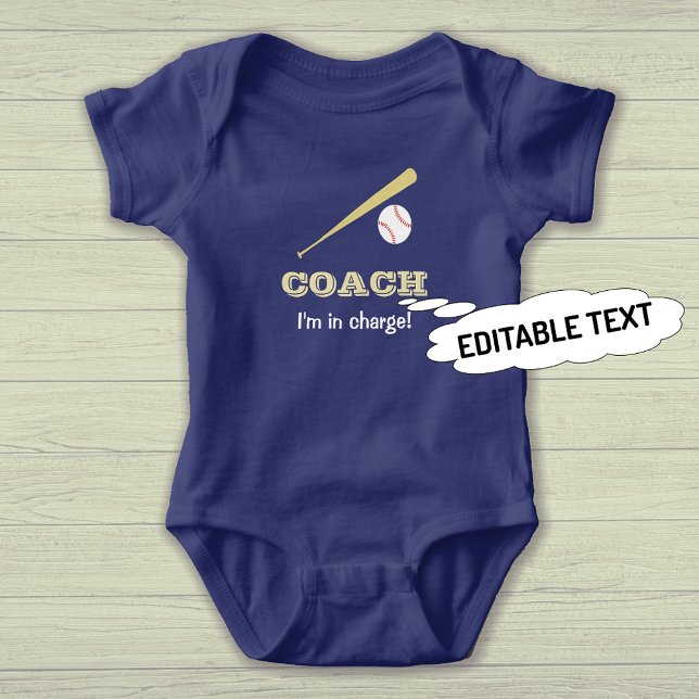 Baseball Coach Custom Text Spaß Sport Baby Strampler (Sample shows royal blue bodysuit option)