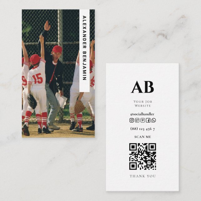Baseball Coach Foto QR Code Business Card Visitenkarte (Vorne/Hinten)
