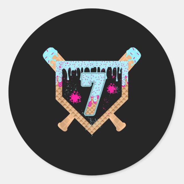 Baseball Drip Ice Cream Dripping 7 Year Old 7th Bi Runder Aufkleber (Vorderseite)