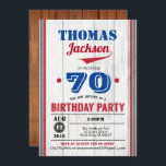 Baseball-Einladung zum 70. Geburtstag. Rustikales  Einladung<br><div class="desc">Jedes Alter - Sie können die Zahl nach Belieben ändern. Sie können den Text-Schwanz verschieben und verändern,  um ihn Ihrem Namen anzupassen. Rustikaler Holzfußboden für eine schicke und dennoch elegante Einladung für Erwachsene oder Kinder. Rot und Blau.</div>