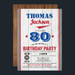 Baseball Einladung zum 90. Geburtstag. Rustikales<br><div class="desc">Jedes Alter - Sie können die Zahl so ändern,  wie Sie möchten.
Sie können den Text-Schwanz verschieben und verändern,  um ihn Ihrem Namen anzupassen.
Rustikaler Holzboden für eine schicke und dennoch elegante Einladung für Erwachsene oder Kinder.
Rot und Blau.</div>