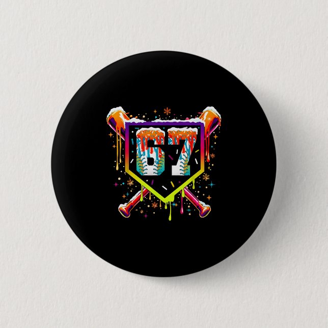 Baseball-Eiscreme-Tropf Nummer 67 Sechs Sieben Mem Button (Vorderseite)