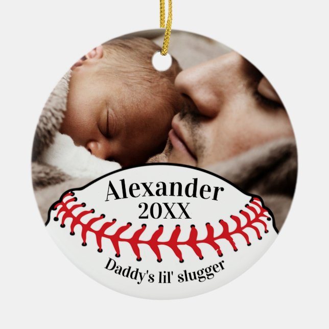 Baseball Fan Daddy's Lil'Slugger mit Foto Keramik Ornament (Vorne)