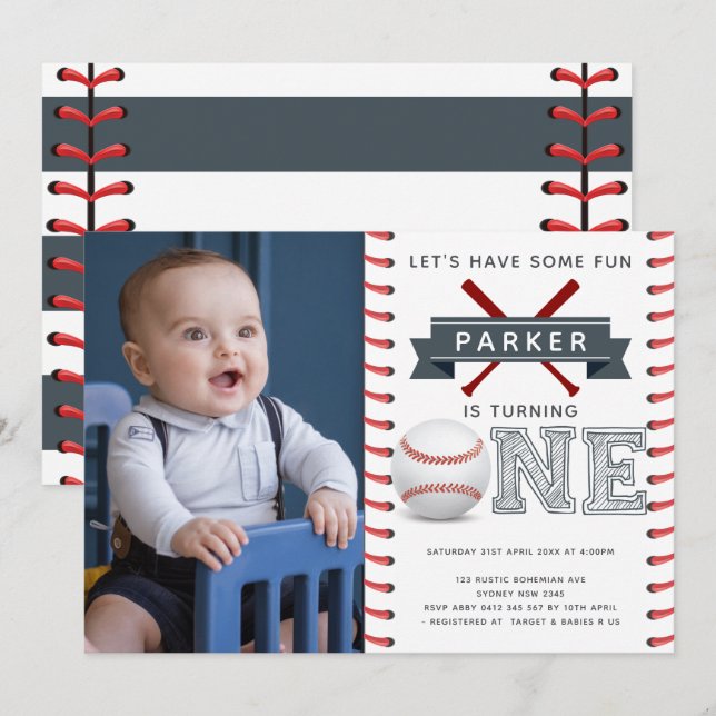 Baseball First Birthday Boy Foto Einladung (Vorne/Hinten)