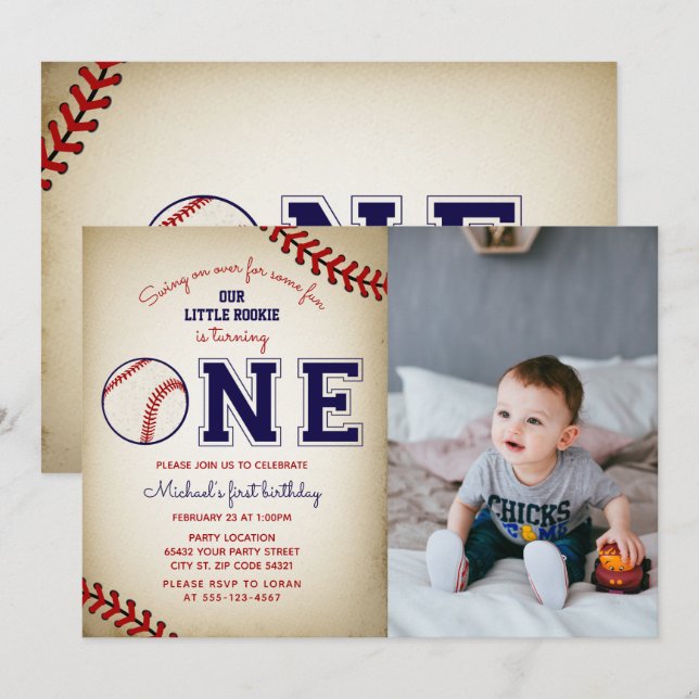 Baseball First Birthday Foto Einladung (Vorne/Hinten)
