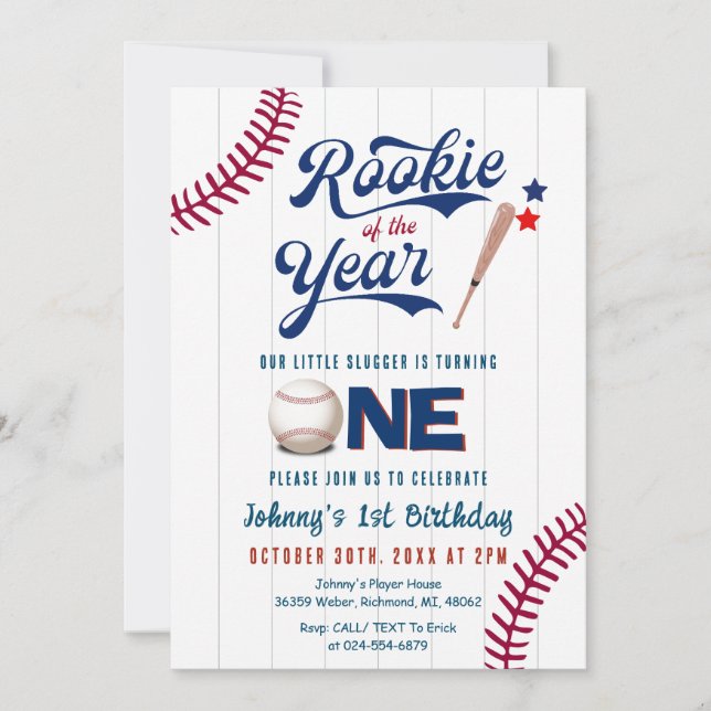 Baseball First Birthday Rookie des Jahres Einladung (Vorderseite)