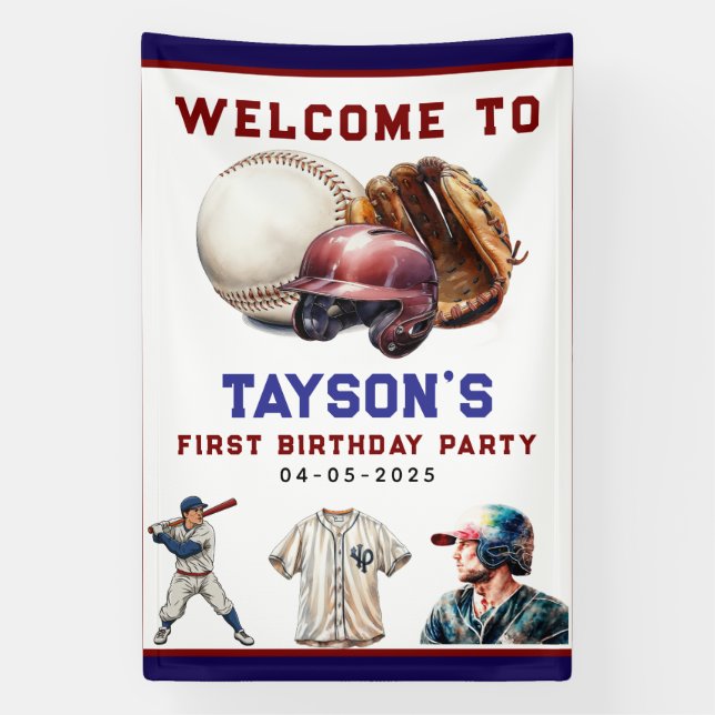Baseball First Year Down 1st Birthday Banner (Vertikal)